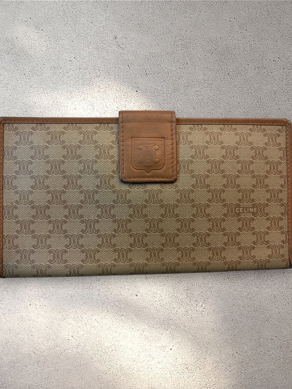 Vintage Celine Macadam Beige Long Bifold Wallet Tan Leather Blason Crest